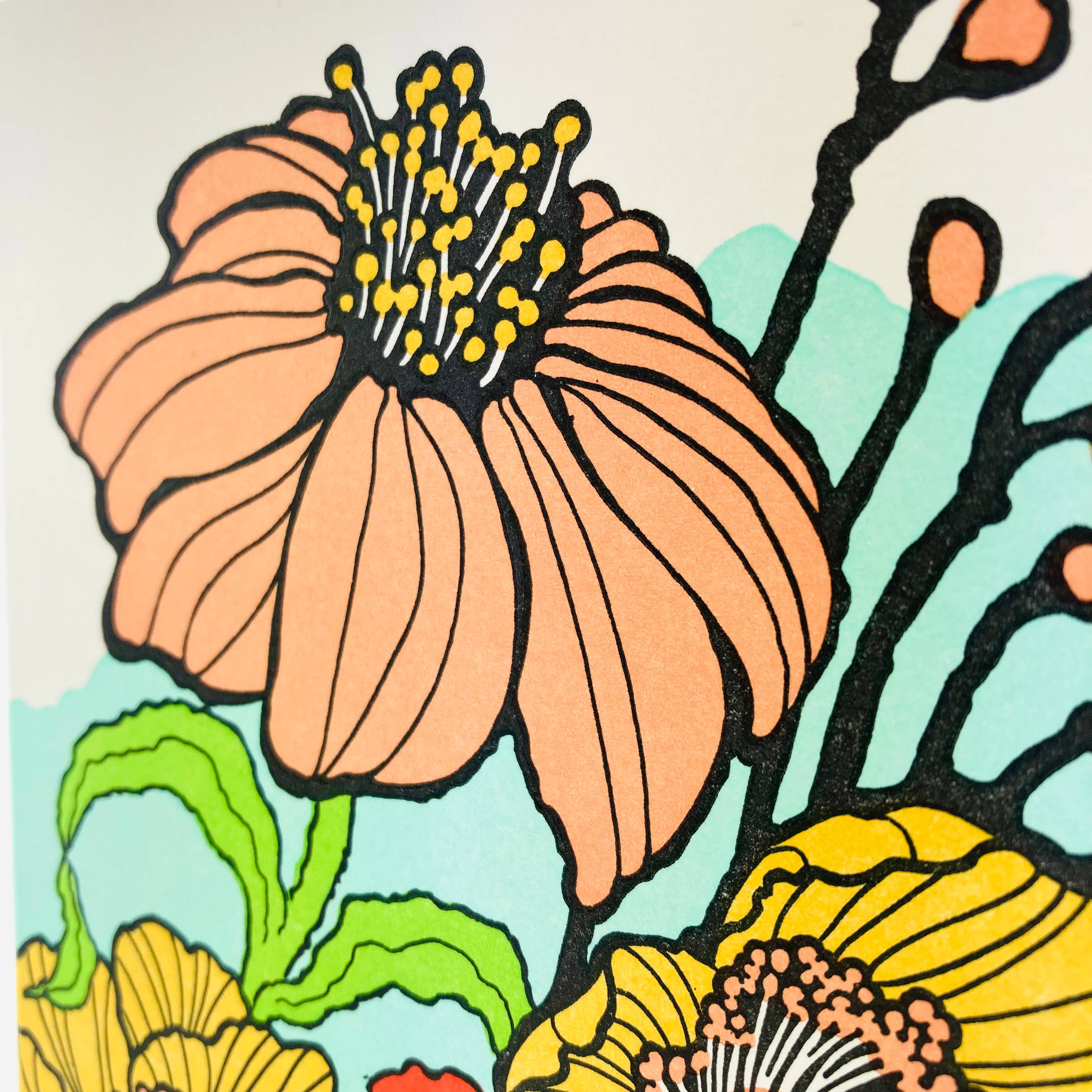 Old School Stationers - Vente Carte de vœux classique - Coquelicots et frondes fleurs heureuses2