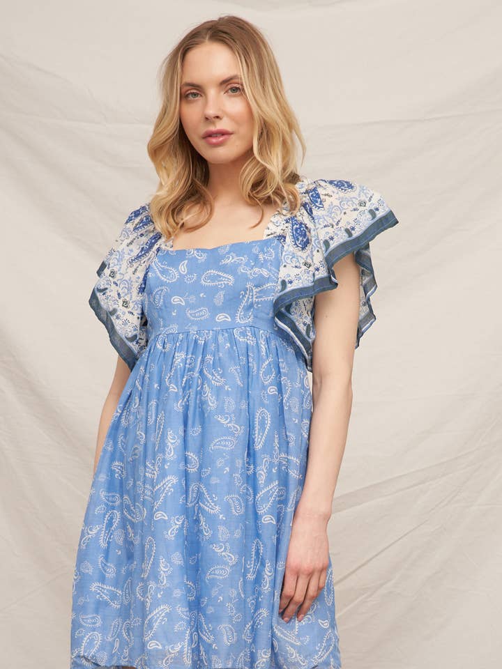 Blue Ivory Paisley Print Flutter Sleeve Mini Dress for wholesale on Faire