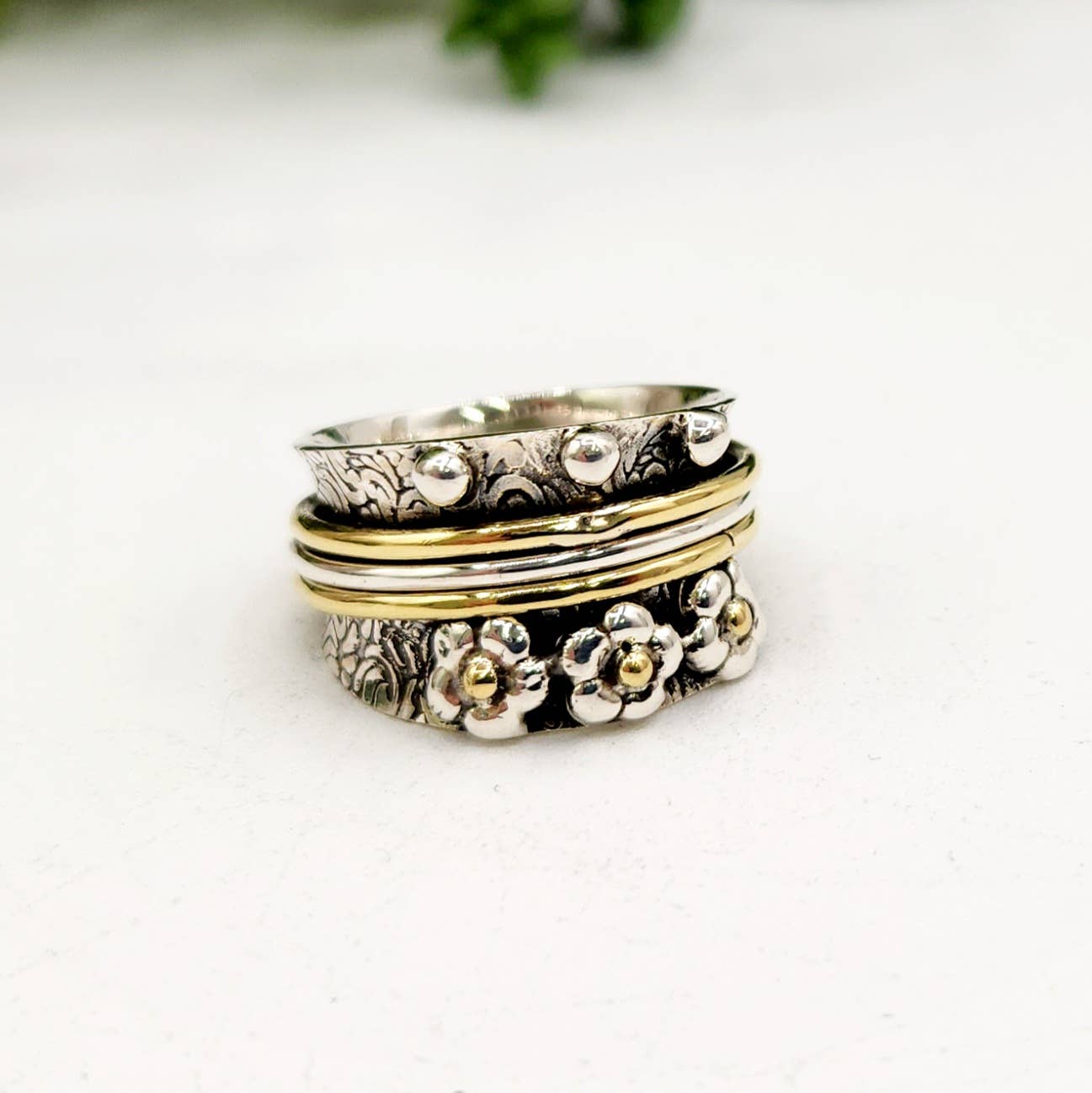 Meraki Gemstones - Wholesale Band/Stacked Ring - SPINNER RING-Sterling Silver/925 and Brass w/Tiny Flowers0