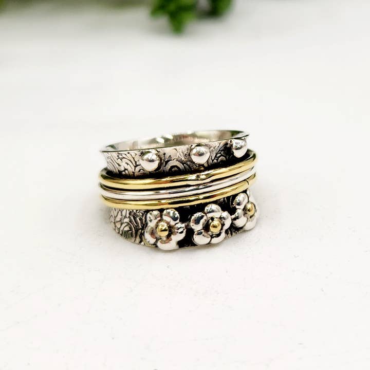 Meraki Gemstones - Wholesale Band/Stacked Ring - SPINNER RING-Sterling Silver/925 and Brass w/Tiny Flowers