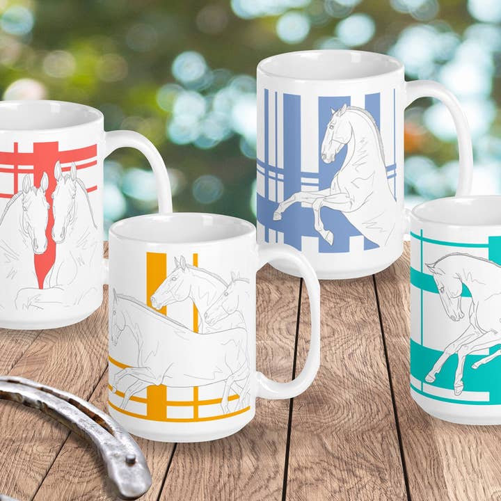Ensemble de tasses à café minimalistes à carreaux tartan avec chevaux pour la vente par The Renaissance Rider