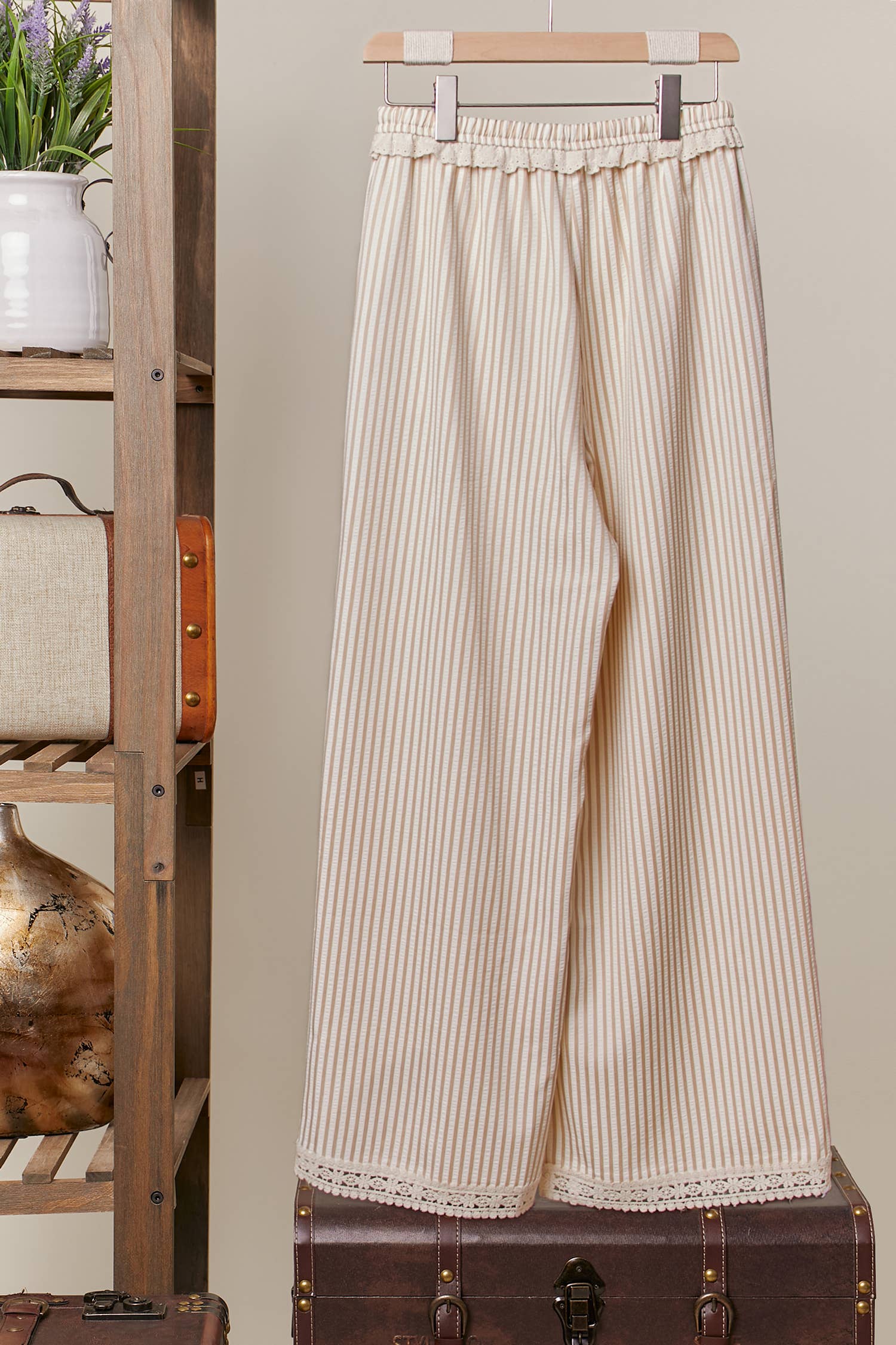 Beige Striped Wide-Leg Pants with Lace Hem for wholesale on Faire1
