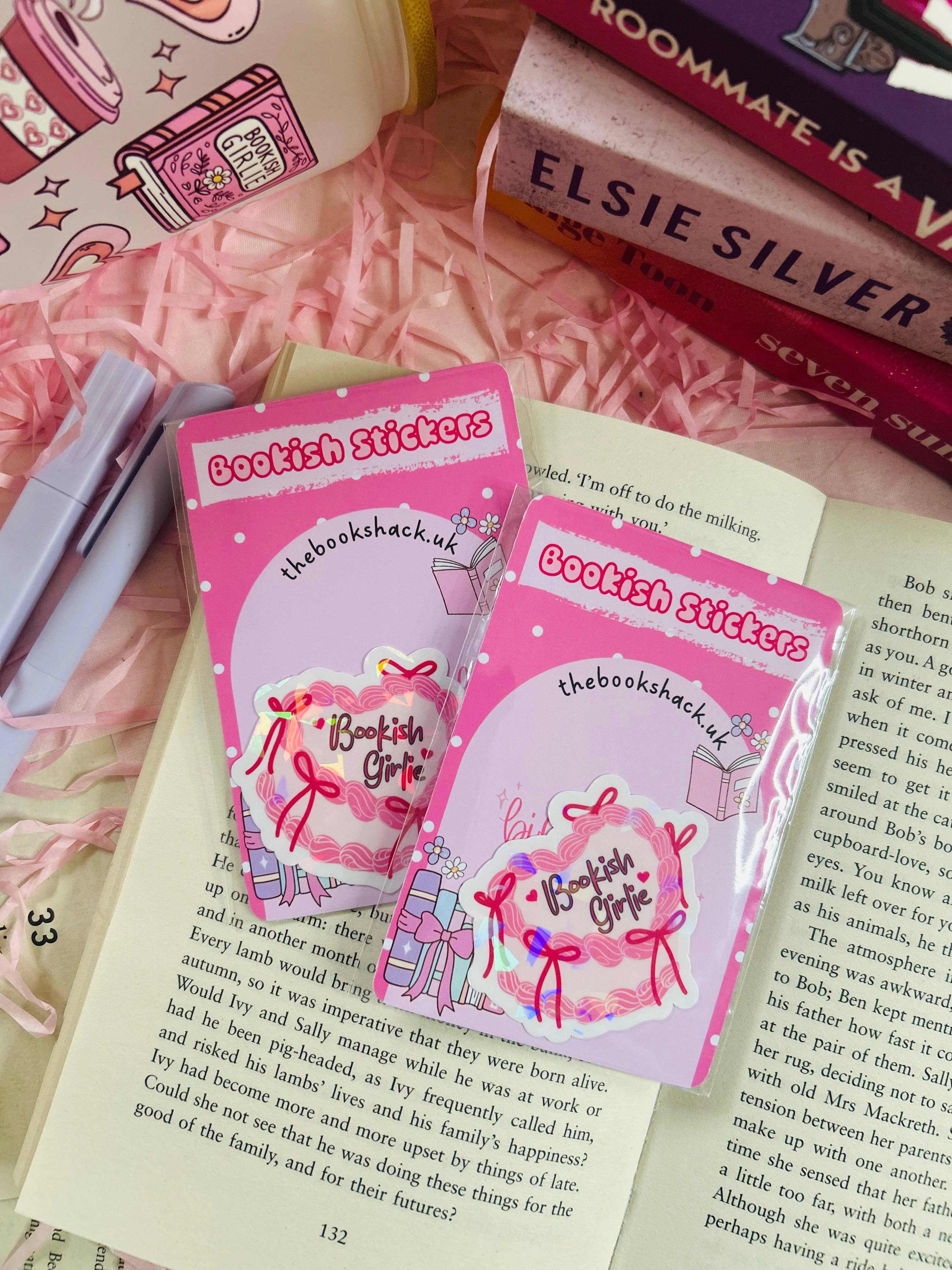 TheBookShack – wholesale Sticker – Holographic "Bookish Girlie" Vinyl Sticker – Pink Bow Design4