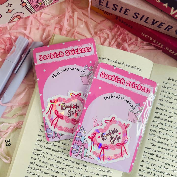 TheBookShack – wholesale Sticker – Holographic "Bookish Girlie" Vinyl Sticker – Pink Bow Design4