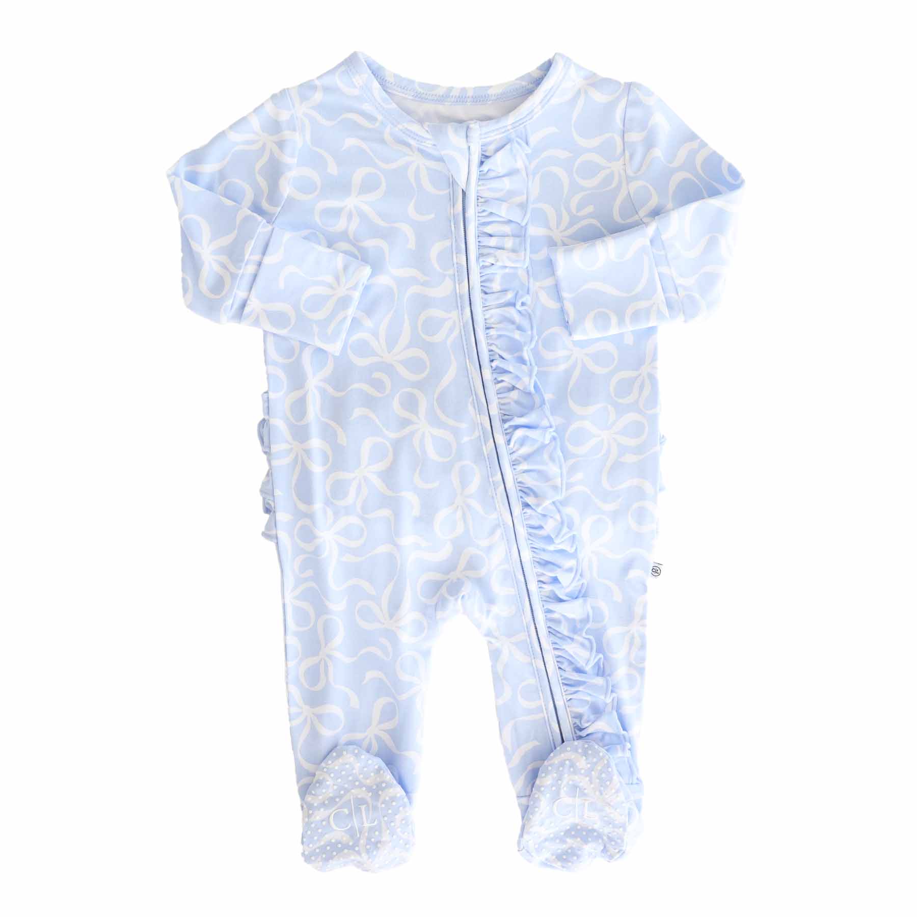 Caden Lane - Wholesale Jumpsuit - Baby - Blue-tiful Bows Ruffle Zipper Footie8