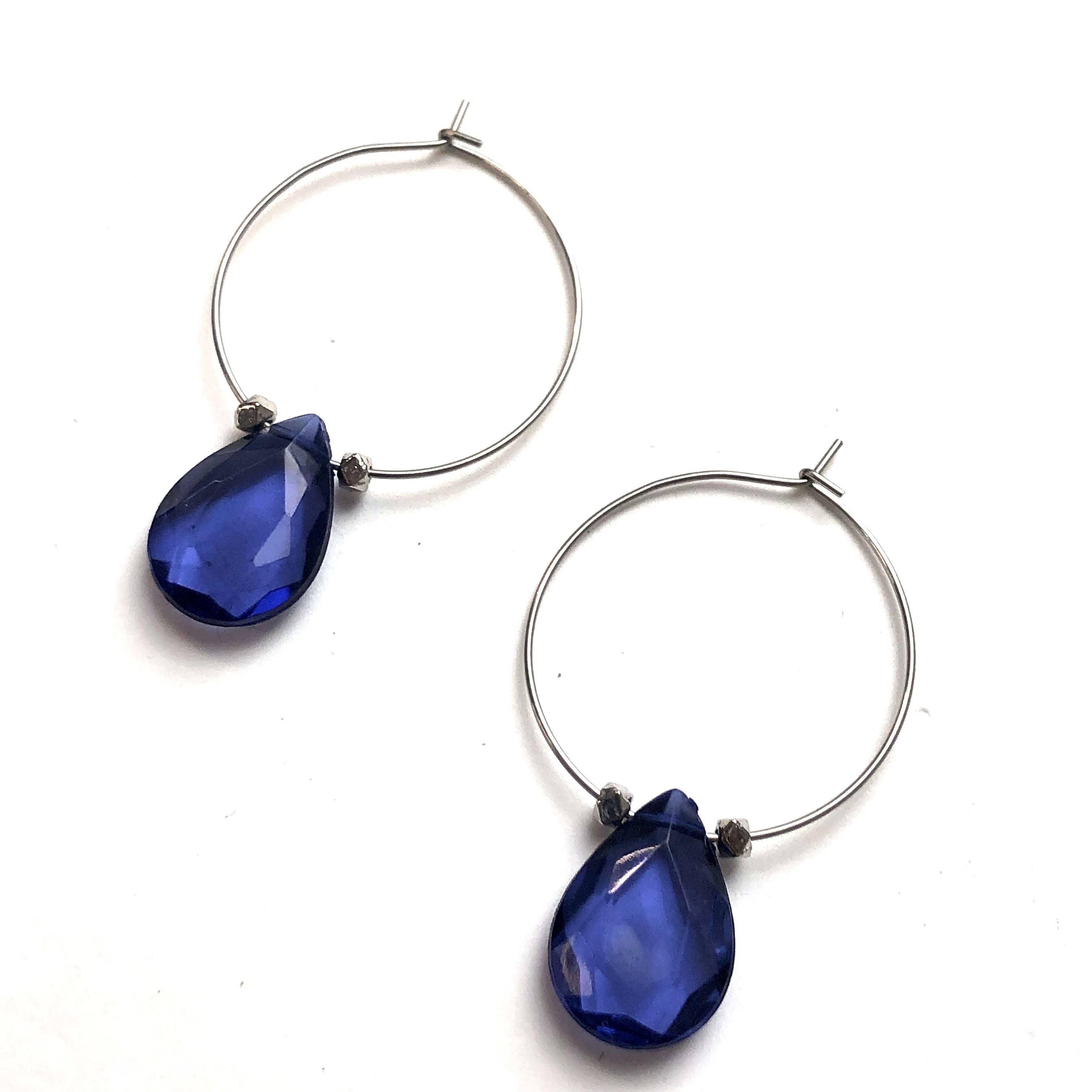 Leetie Lovendale - Wholesale Hoop Earrings - Denim Blue Faceted Briolette Hoop Earrings5
