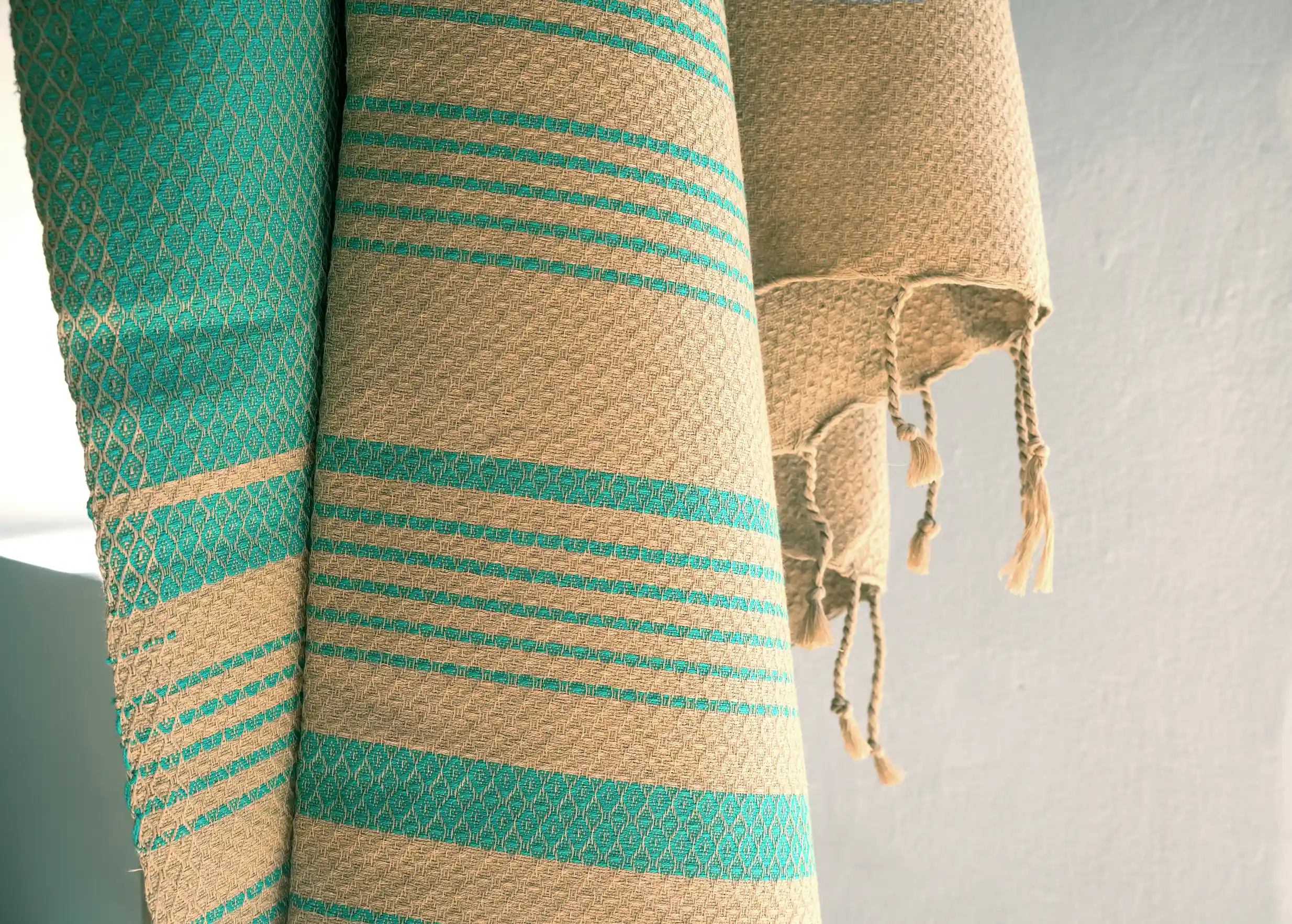 Karawan Authentic – Engroshandel Håndklædesæt – ALIZE SAND & BLÅ ØKOLOGISK BOMULD FOUTA - FARVE:2