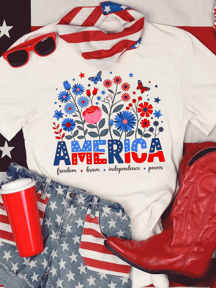 Floral America Shirt 4th of July American Patriotic Floral for wholesale by A Blessed Texas Mess Boutique