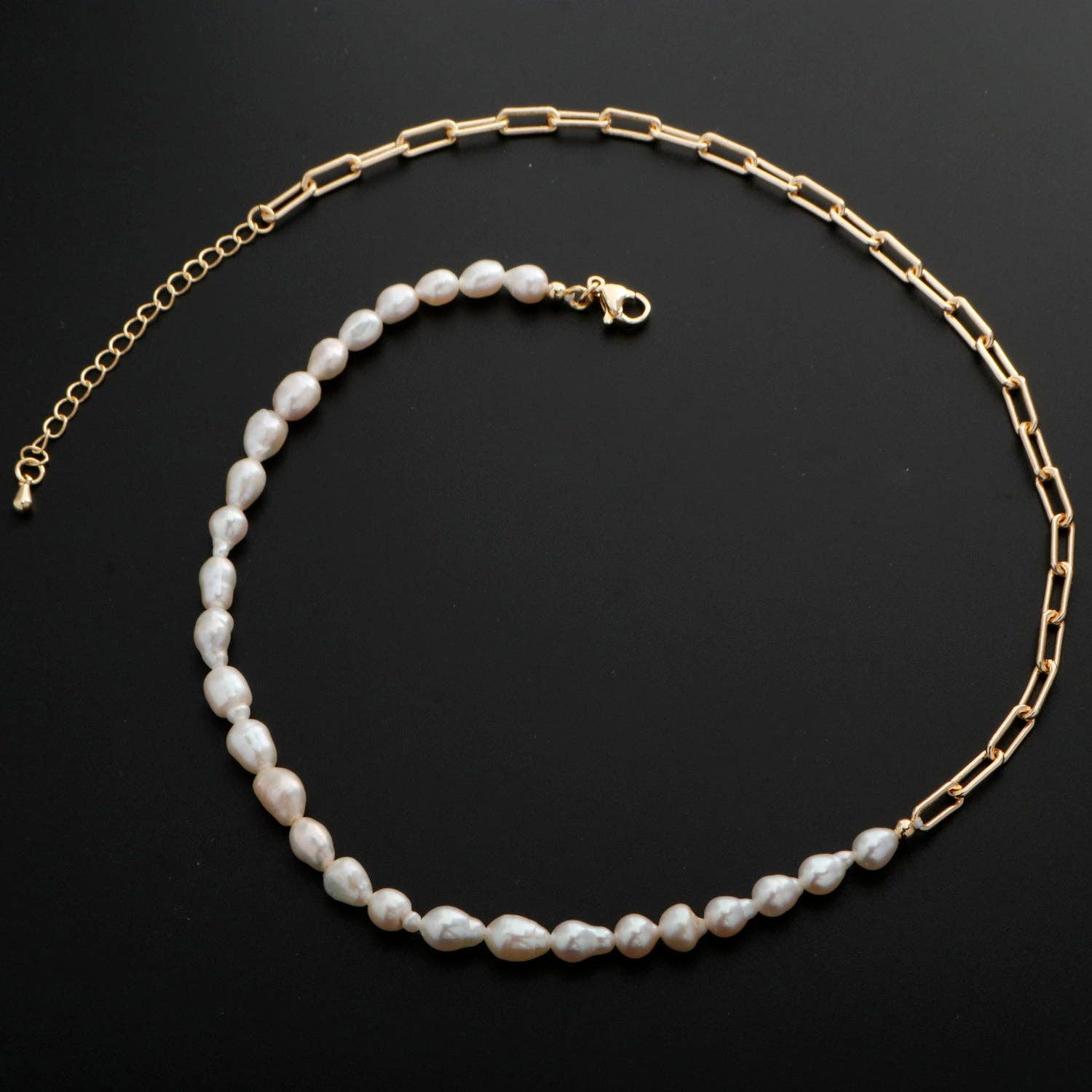 Aim Eternal - Wholesale Beaded/Pearl Necklace - 18k Gold Filled Freshwater Pearl Half Chain Necklace Paper Clip Link 16 inch + 2" extender Length Handmade Minimalist Jewelry4