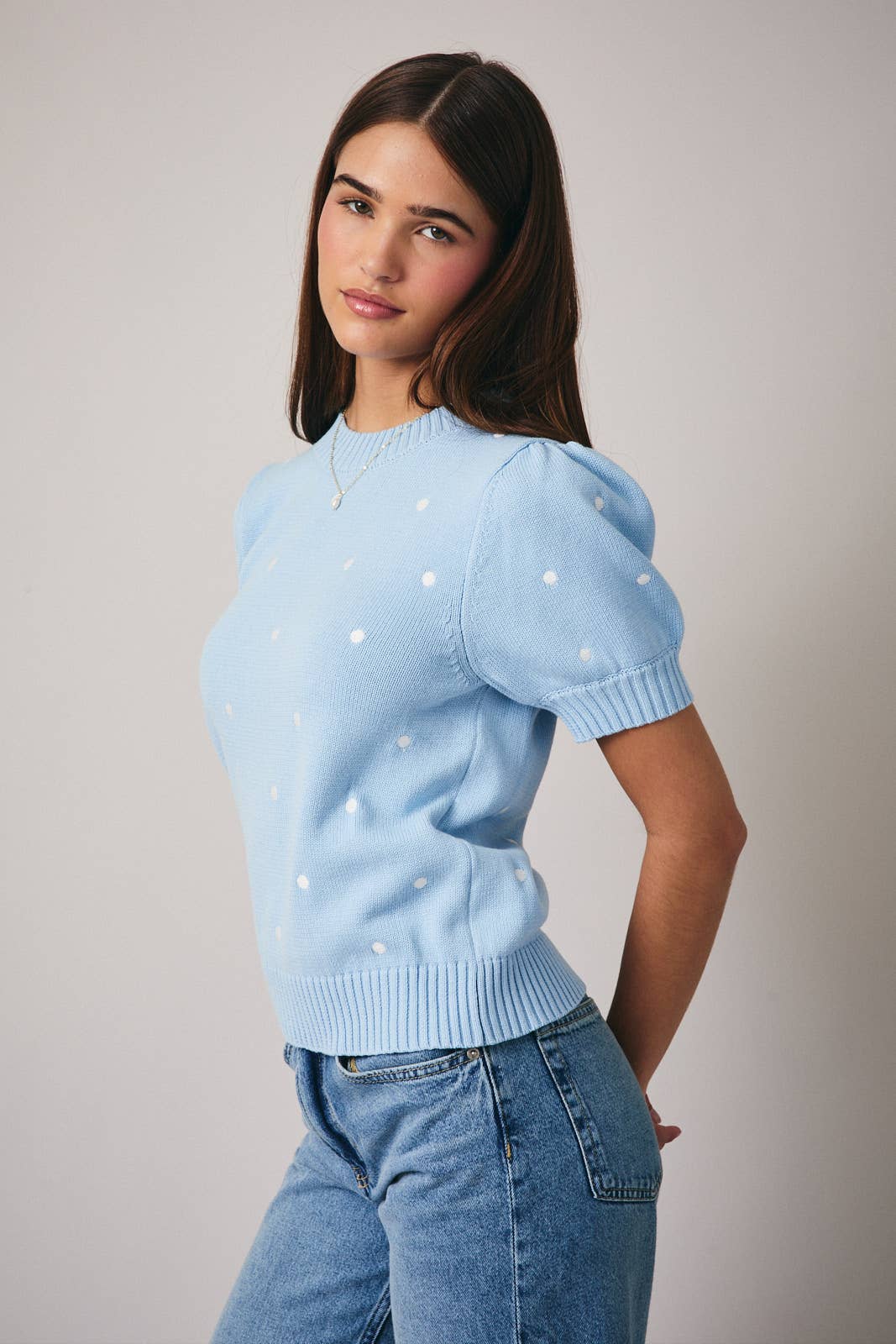 Sunday Edition - Wholesale Knit Sweater - Women's - ROUND NECK PUFF SHORT SLEEVE "POLKA DOT" EMBROIDERED SWEATER25