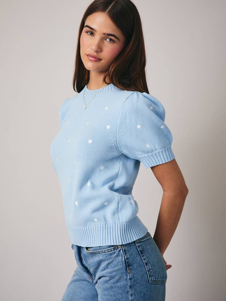 Sunday Edition by LE LIS - Wholesale Knit Sweater - Women's - ROUND NECK PUFF SHORT SLEEVE "POLKA DOT" EMBROIDERED SWEATER21