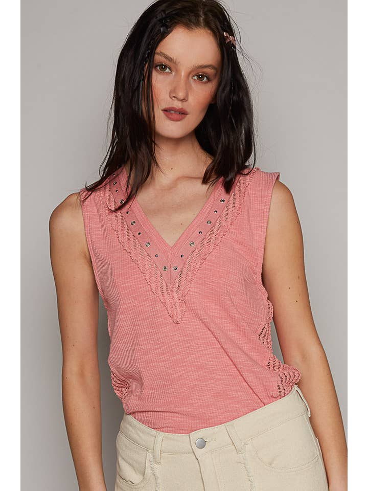 Pol Clothing - Wholesale Knit Top - Women's - Stud eyelet trim v-neck sleeveless croceht side fitted knit