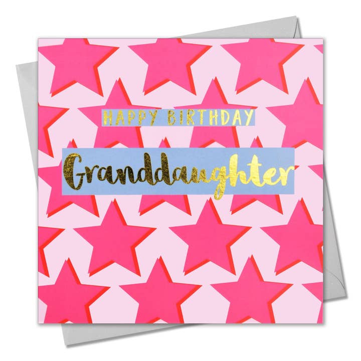 Carte d'anniversaire, petite-fille Pink Stars, texte doré brillant pour la vente par Claire Giles Ltd