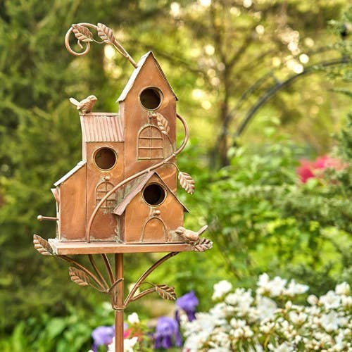 Zaer Ltd. International - Wholesale Bird House - Tall Bungalow Copper Birdhouse Stake - Fall Garden Decor1