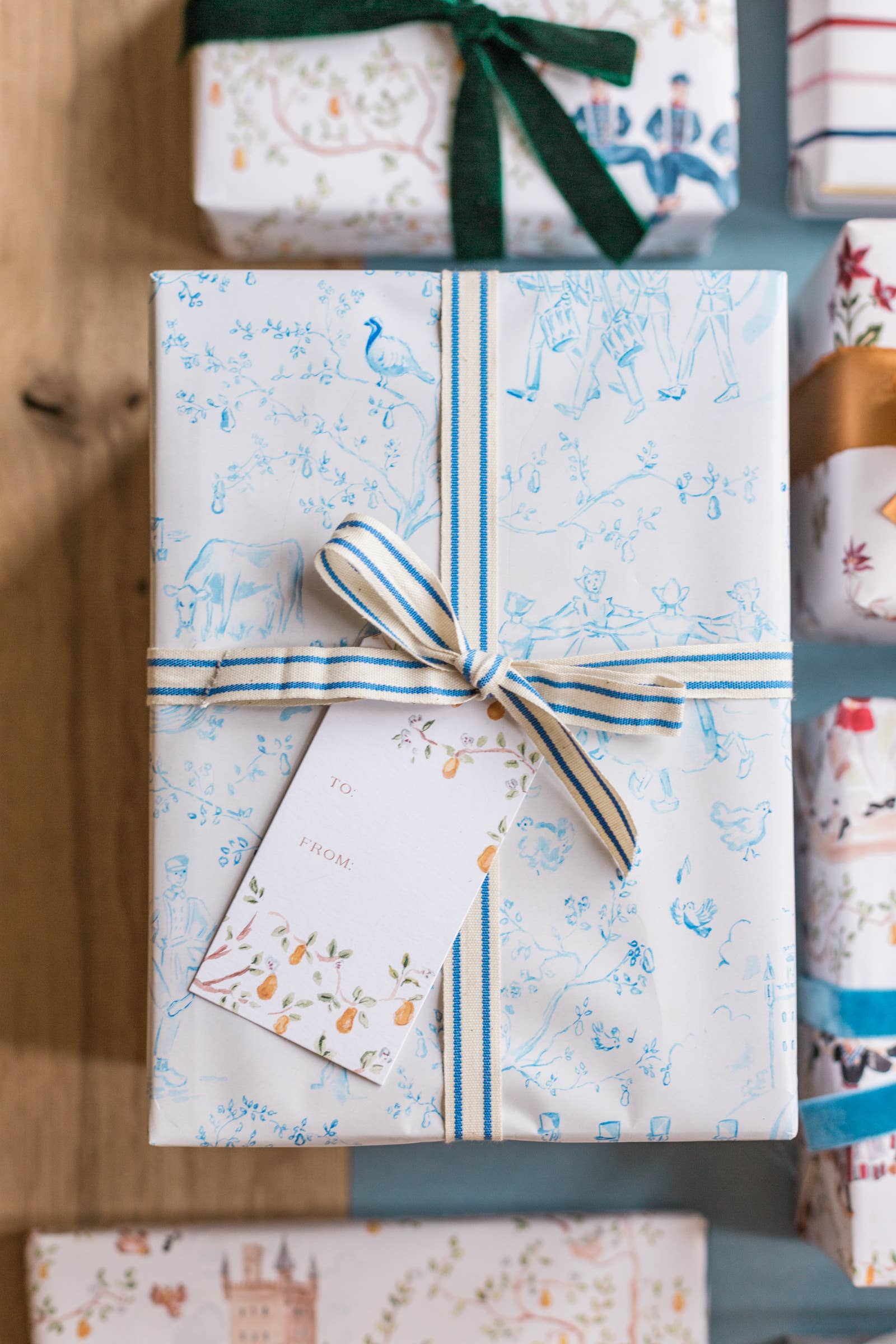 The Illustrated Life - Wholesale Flat Wrap - Christmas Toile Wrapping Paper Sheets - Blue1