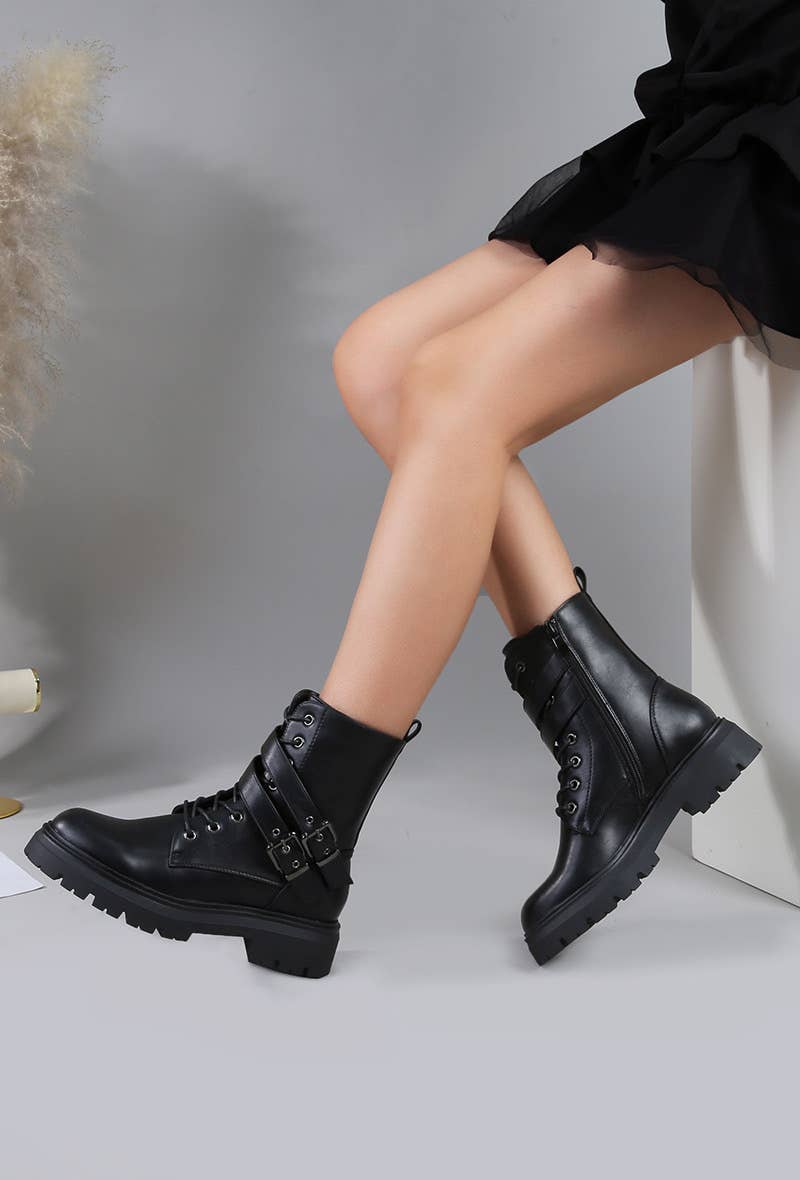 BELLICY / Cink-me - Wholesale Combat/Military Boots - Women's - MB66, Rangers with laces and inner zip with double strap with