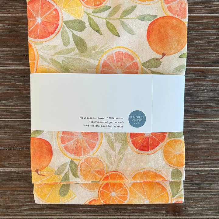 Jennifer Vaudo Art - Wholesale Tea towel - Citrus Tea Towel, Kitchen Decor, Hand Towel, Tropical Orange2