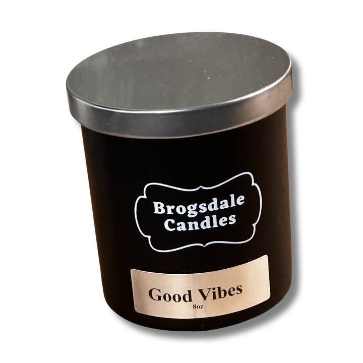 Good Vibes Hand poured soy blend wooden wick candle. for wholesale by Brogsdale Candles