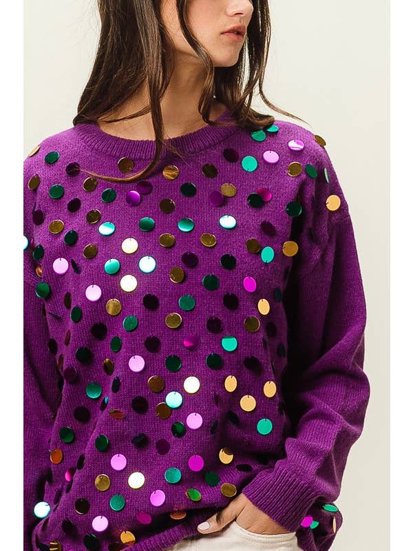 Vanilla Monkey - Wholesale Knit Sweater - Women's - Mardi Gras Colors Spangled Knit Pullover