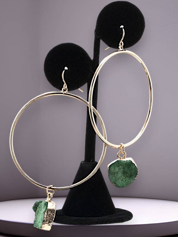 BRINCOS GRANDES PENDENTES COM ARO E DETALHE DE PEDRA DRUZY por atacado de Andrea Bijoux