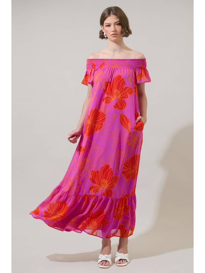 ORANGE PINK MULTI Blakeley Floral Jane Smocked Maxi Dress for wholesale on Faire