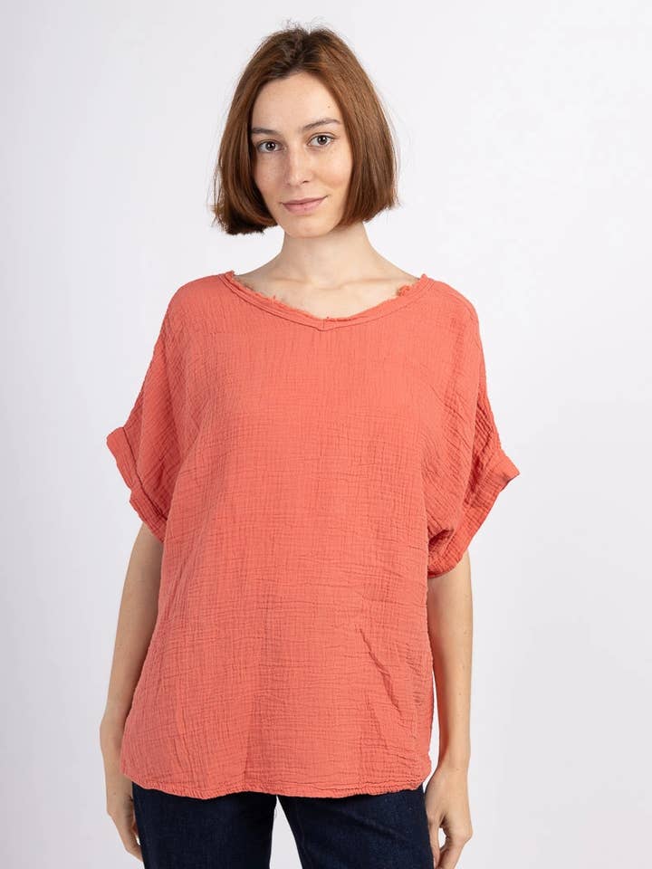 Top de gaze de algodão duplo decote em V @7425_HGazeVV por atacado de Mimi & Gogo