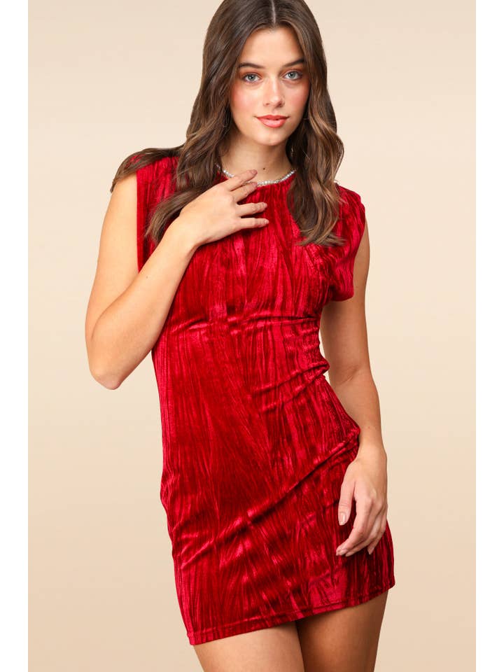 VERY J - Wholesale Dress - Women's - ND31435-Velvet Fitted Mini Holiday Dress With Shoulder Pad