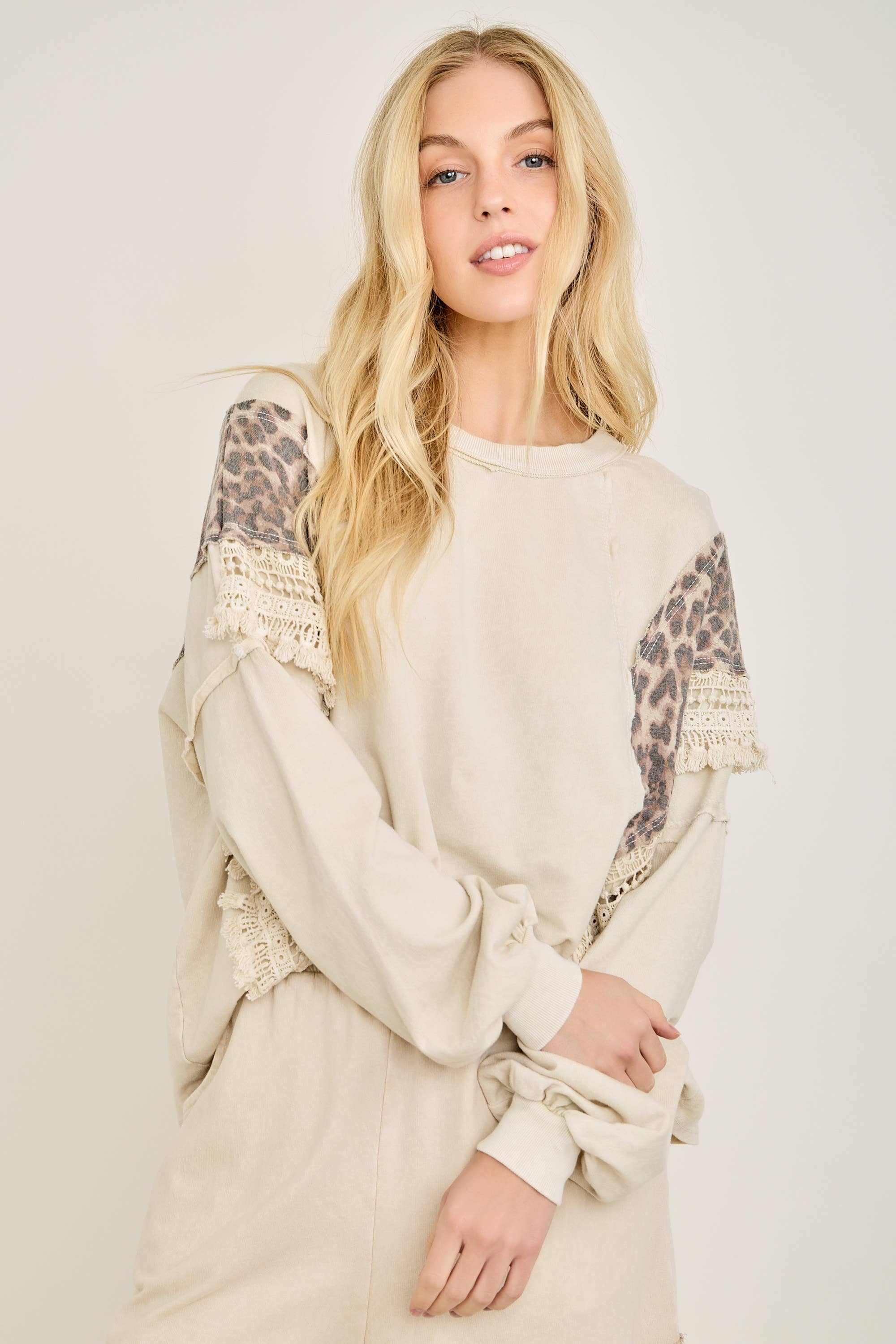 J.Her - Wholesale Blouse - Women's - Mineral Washed Cheetah Leopard Fringe tassel top HT672222