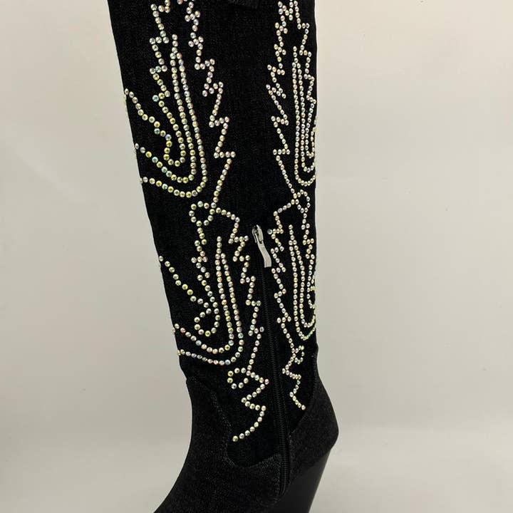 MILEY-06 Women's Denim Rhinestone Denim Boot for wholesale by Pazzle