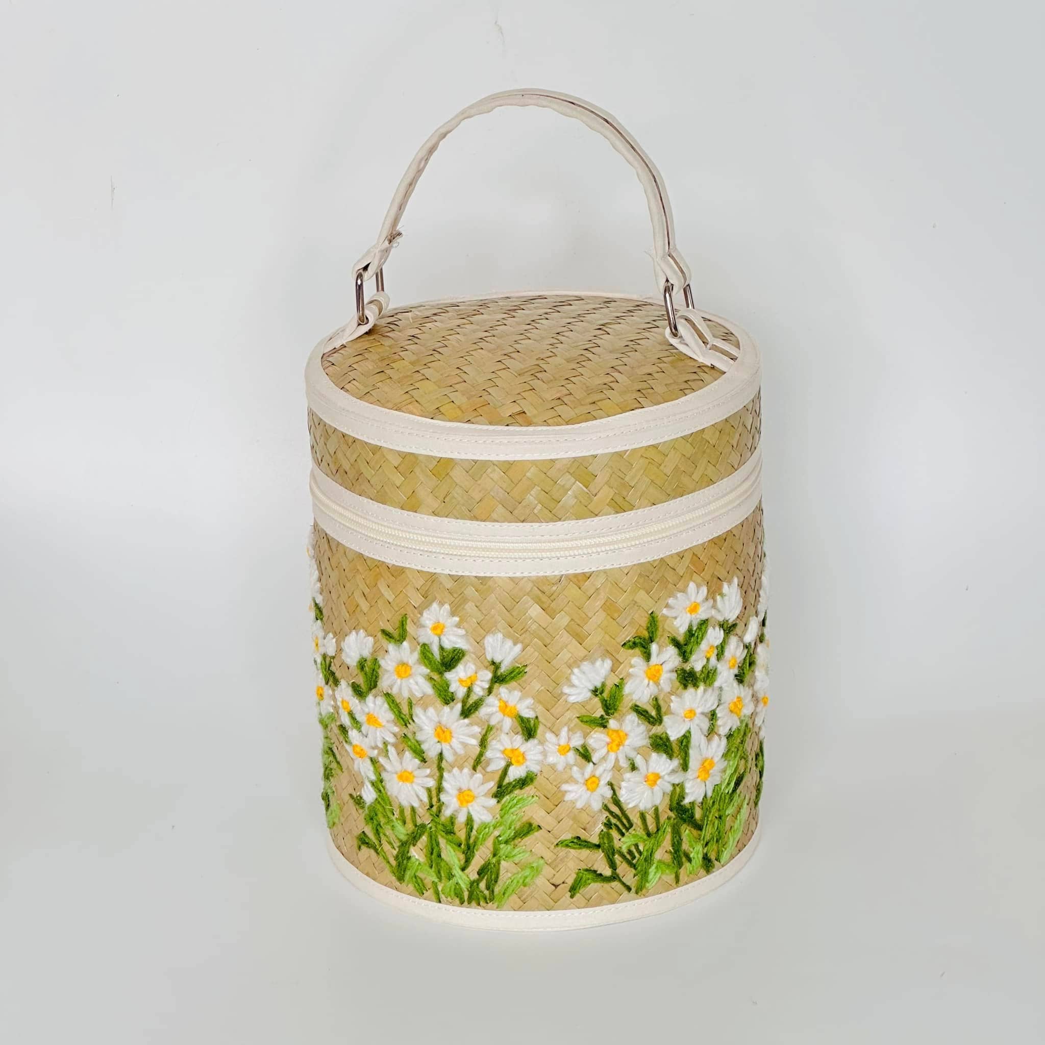 Beige & Co Thai Crafts - Wholesale Basket - Floral Garden Hand Embroidery on Natural Hand Woven Basket2