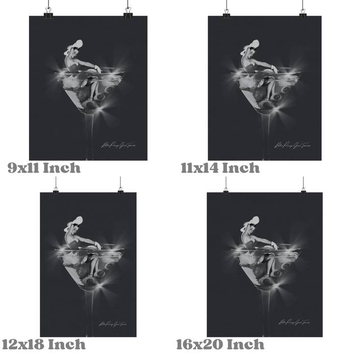 CLM Creative Studio - Wholesale Art Print - Retro Pinup Girl & Martini Glass Monotone Wall Art Print