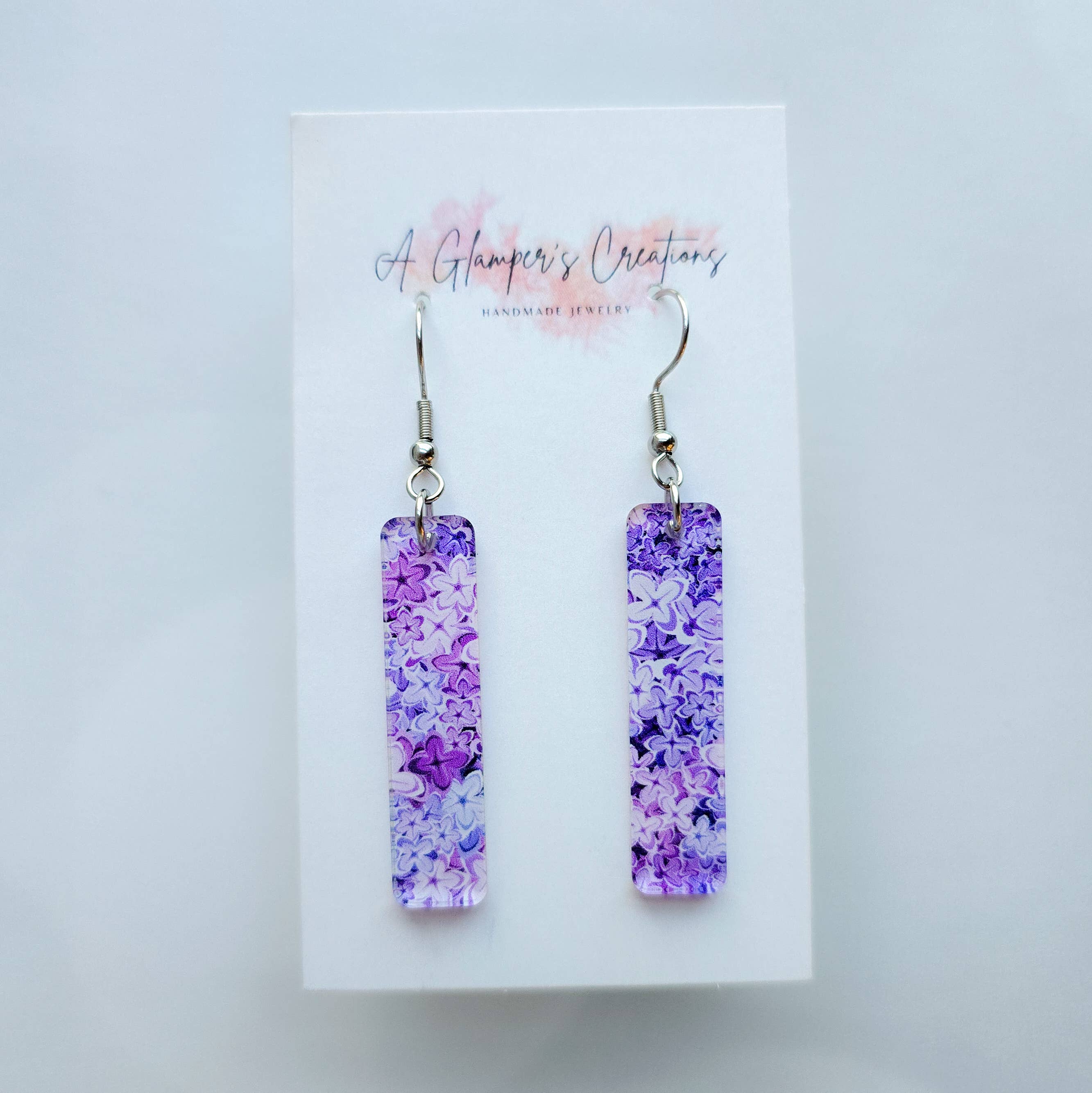 A Glamper's Creations LLC - Wholesale Dangle Earrings - Lilac Floral Skinny Acrylic Bar Earrings1