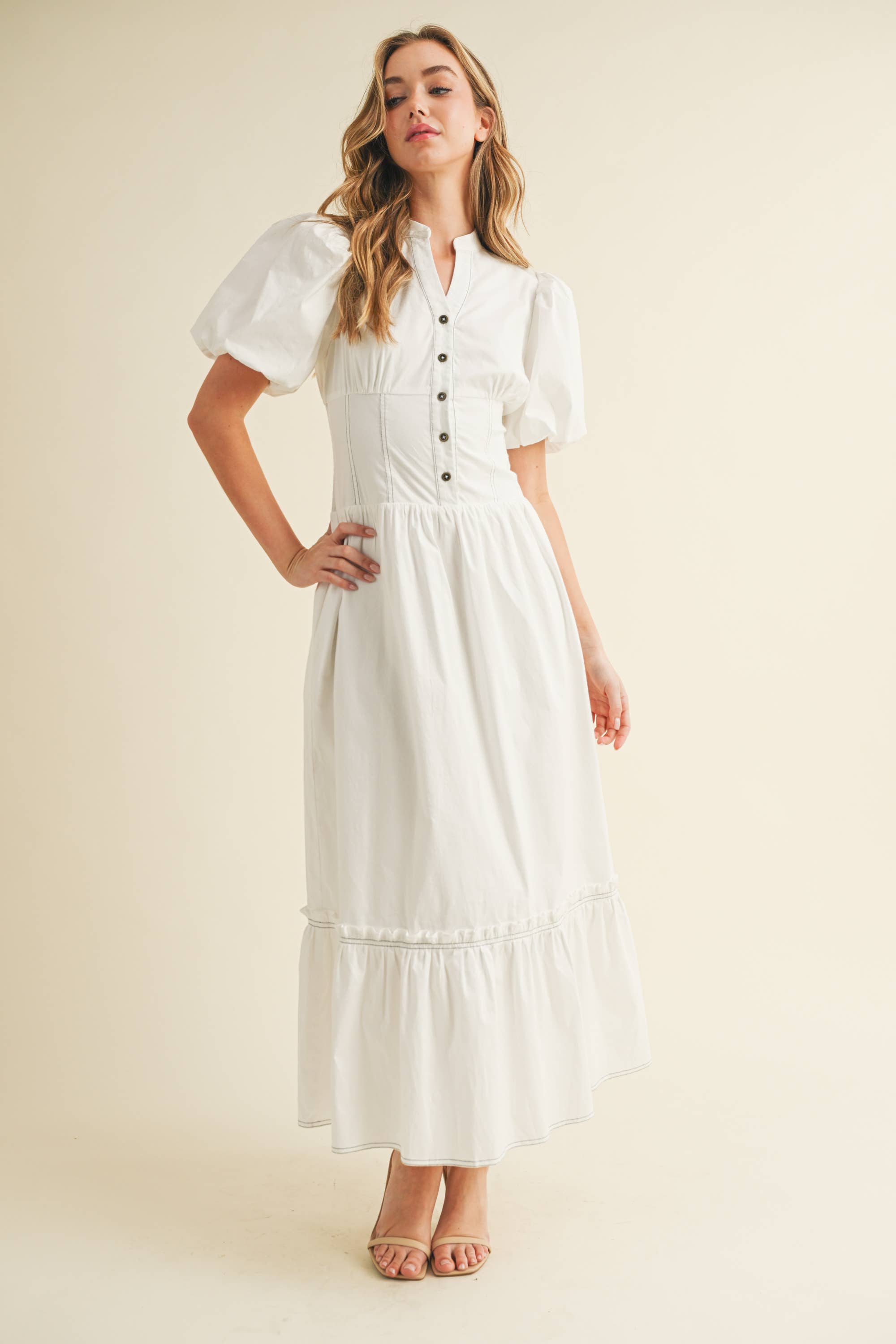 White CD05866-Button Down Smocked Waist Puff Sleeve Midi Dress for wholesale on Faire0