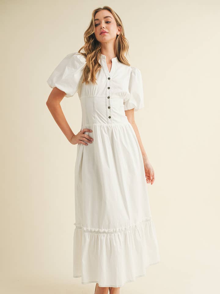 White CD05866-Button Down Smocked Waist Puff Sleeve Midi Dress for wholesale on Faire0