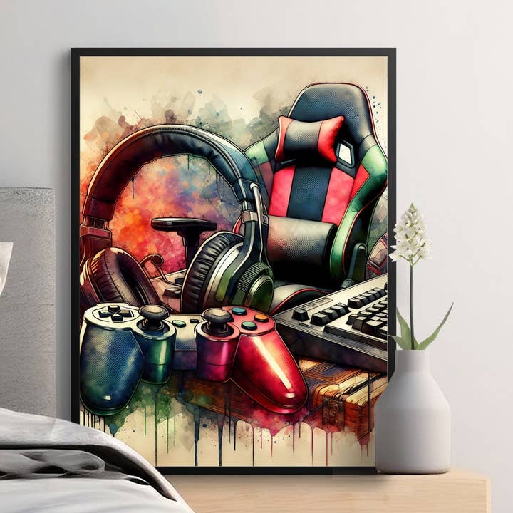Arte de parede para configuração de jogos, cartaz colorido para jogadores, cadeira de jogos e auscultadores Impressão em tela por atacado de FreakyTeeFactory