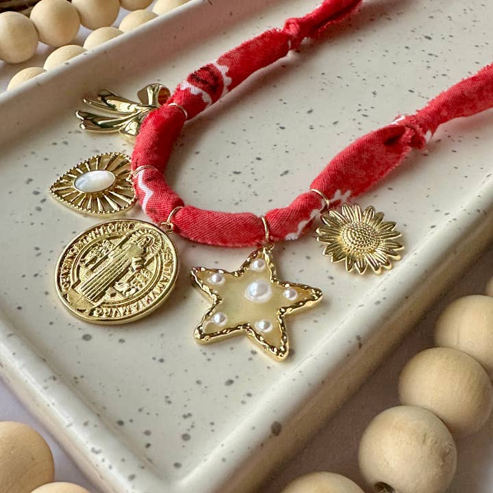 Bandana Charm Necklace | 5 Charms | Gold Filled for wholesale by Larra Mirk Design