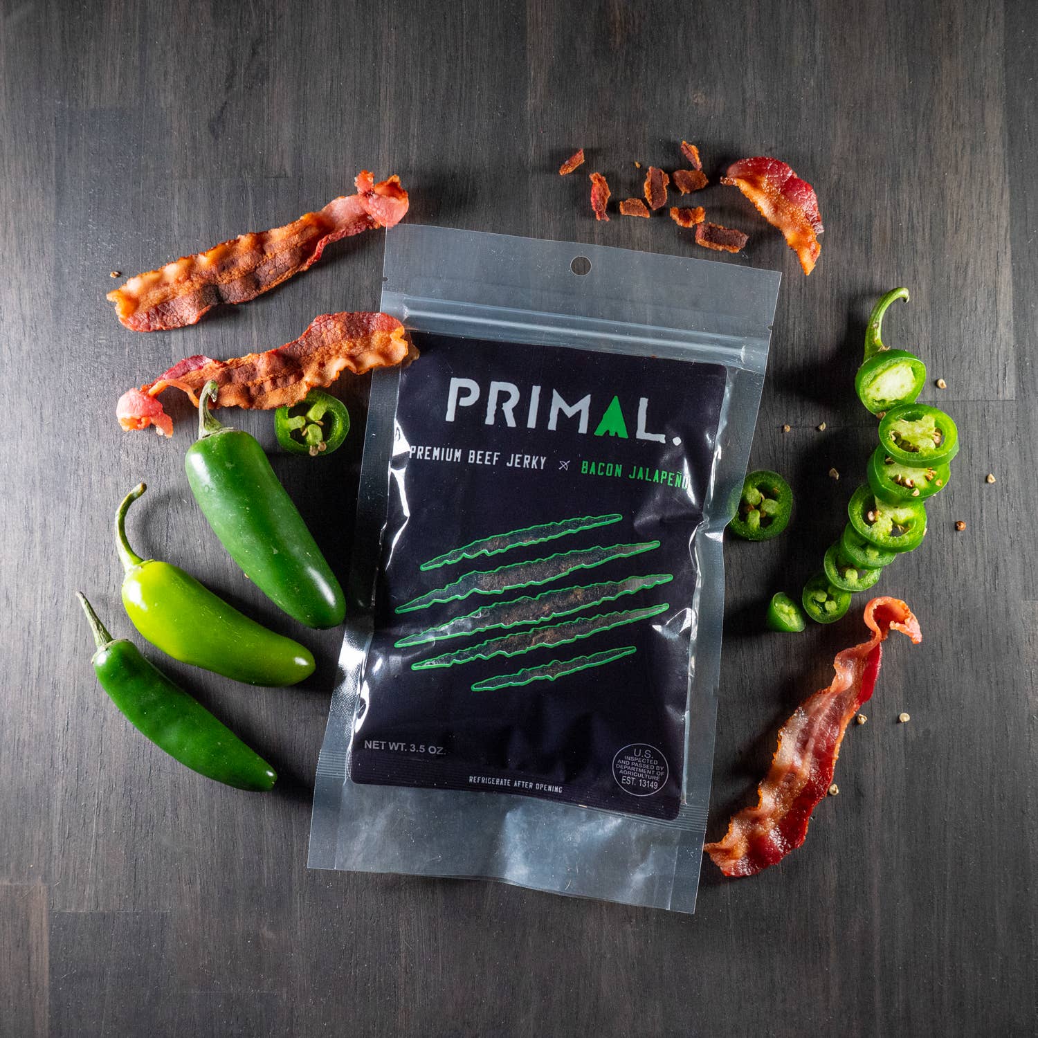 Primal Jerky - Wholesale Jerky - Primal Bacon/Jalapeno Beef Jerky 3.5oz4
