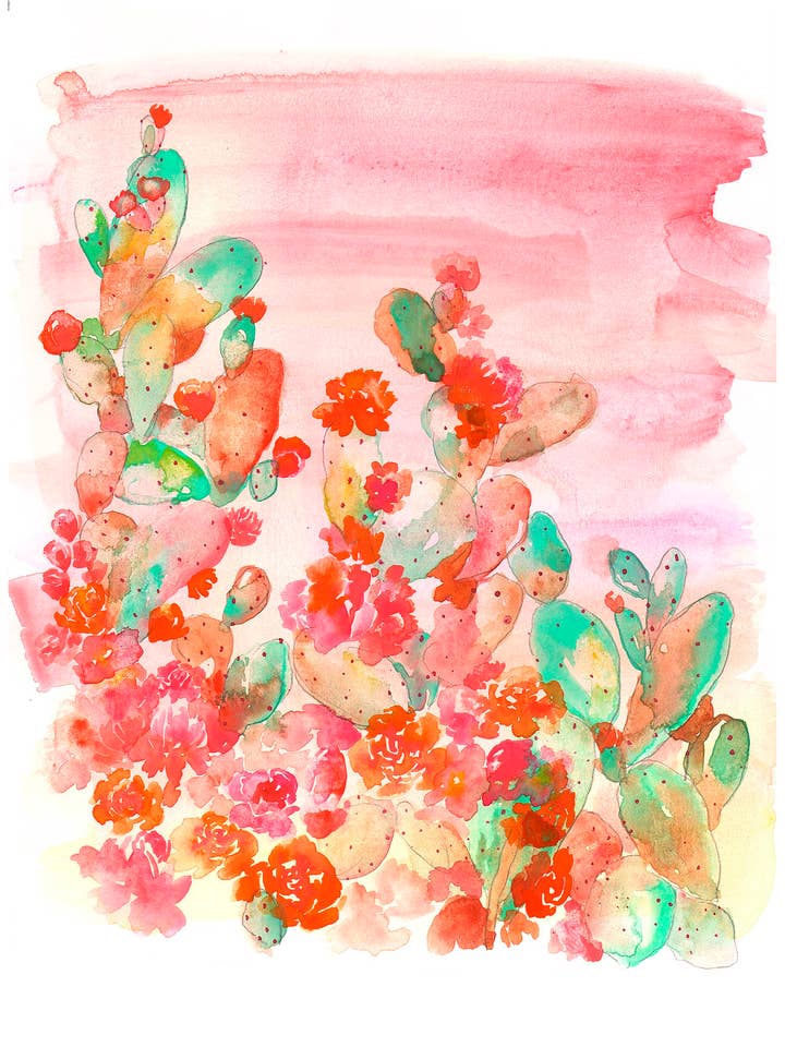 Peinture aquarelle Cactus Pire Barbarie Rose pour la vente par Pink Puddle Studio