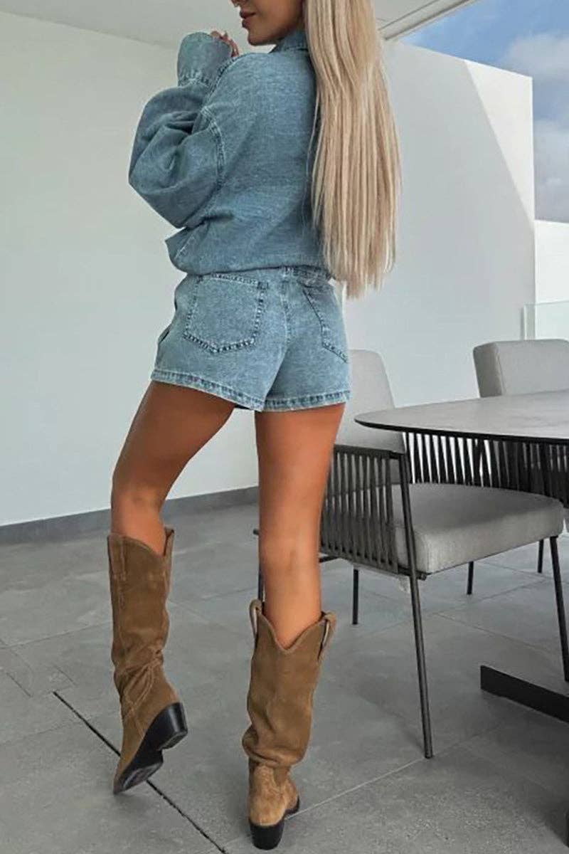 BLUE Button-Front Denim Casual Skirt Set for wholesale on Faire3