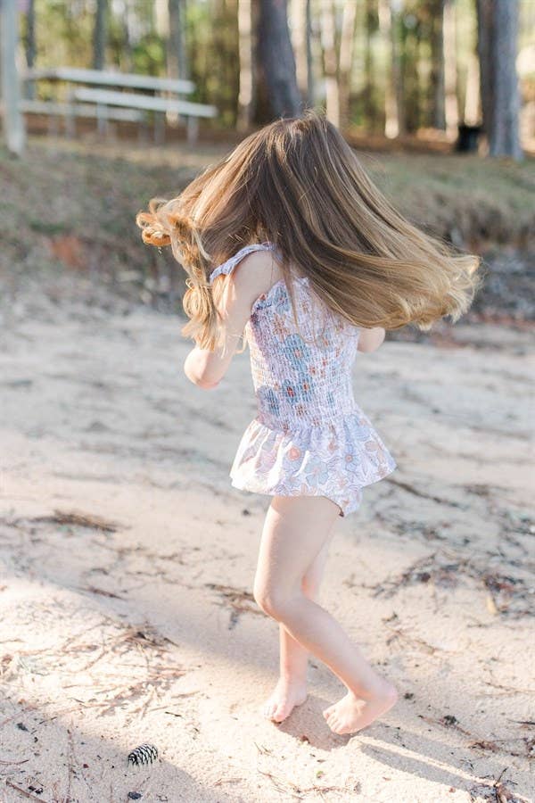 Rufflеѕ & Bоwtіеѕ - Affordable Boys & Girls Clothing - Wholesale One Piece Swimsuit - Kids - CLEARANCE Girl  Swimsuits - Blue & Tan Floral - 1Pc 2