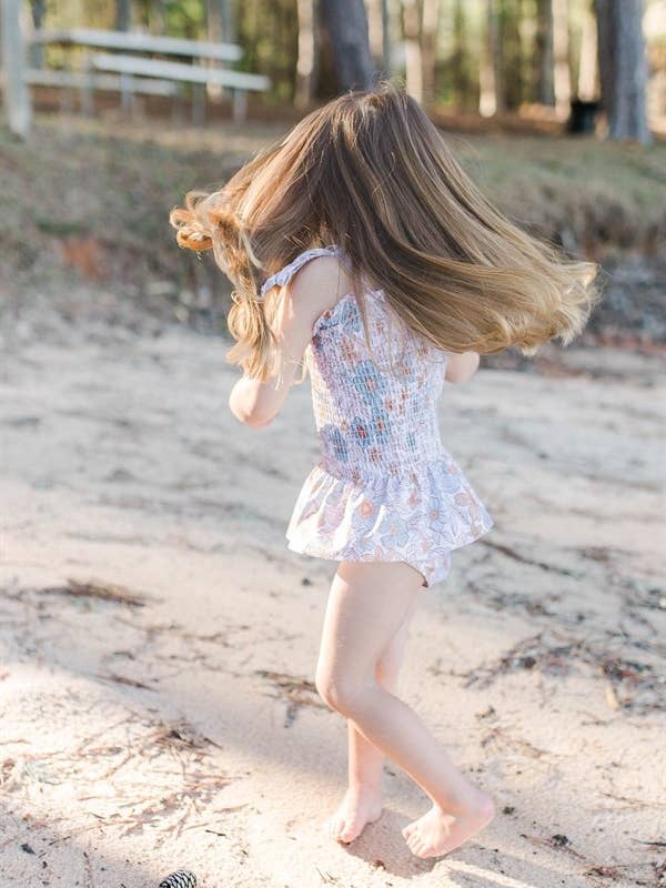 Rufflеѕ & Bоwtіеѕ - Affordable Boys & Girls Clothing - Wholesale One Piece Swimsuit - Kids - CLEARANCE Girl Swimsuits - Blue & Tan Floral - 1Pc 2