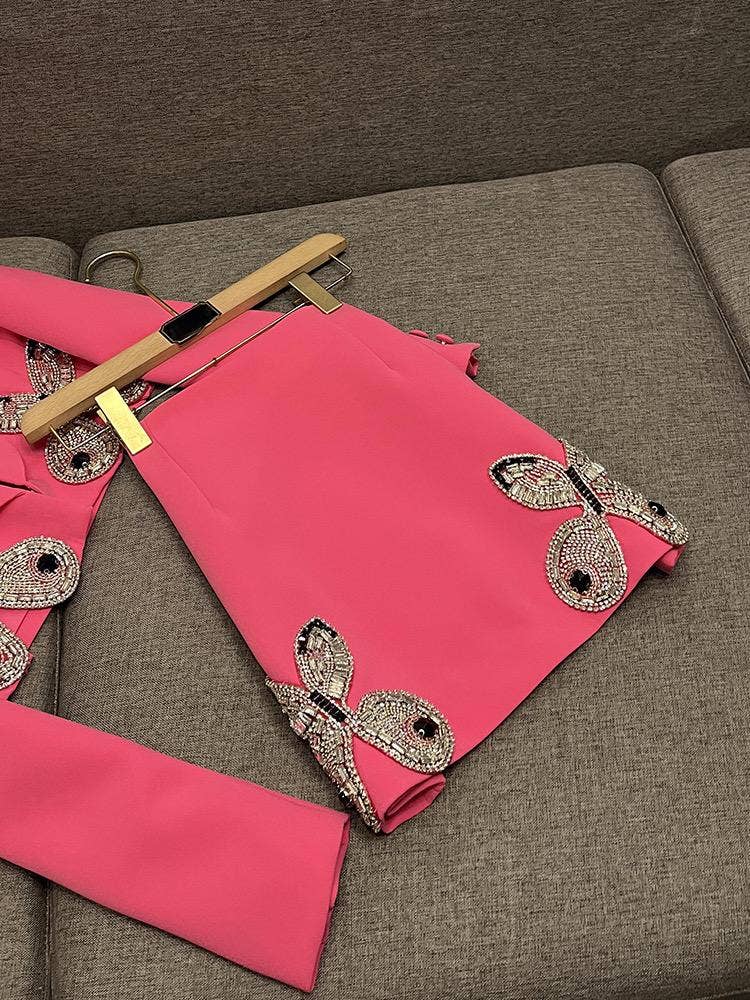Sanyao Fashion - Wholesale Suit Set - Women's - SY396 Pink Suit with Diamond Bow Decor and Short Hip Skirt 3