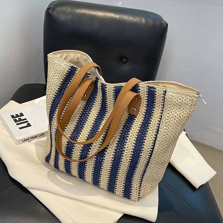 Bolso de playa de paja tejido con contraste de color casual para mujer para venta al por mayor de SALINA TRADING INC