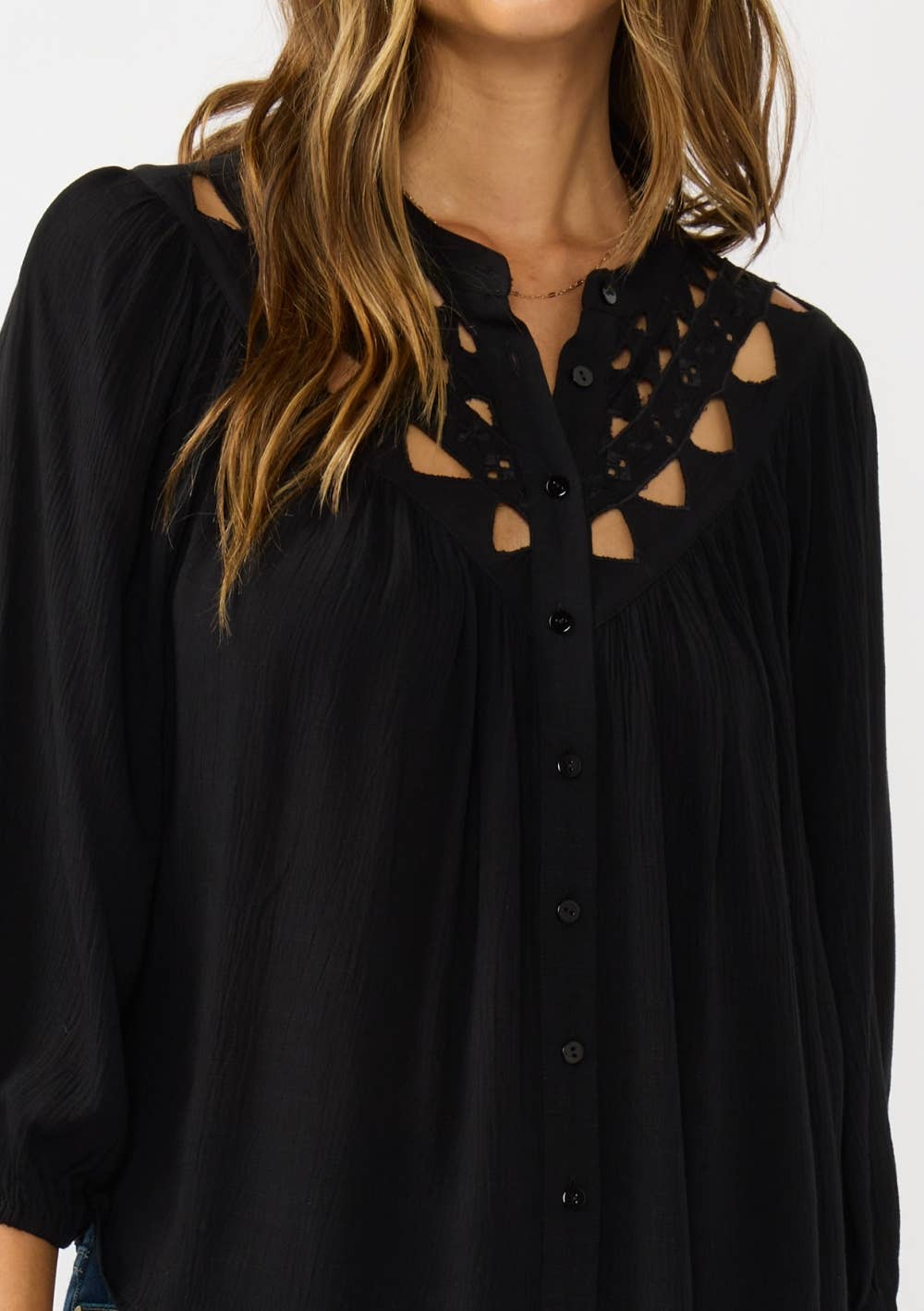 BLACK Embroidered Cutout Yoke Button Down Blouse for wholesale on Faire3