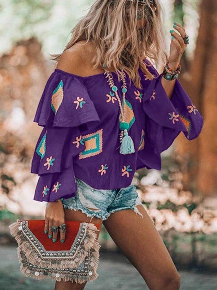Red Boho print one-shoulder long-sleeved pullover top for wholesale on Faire2