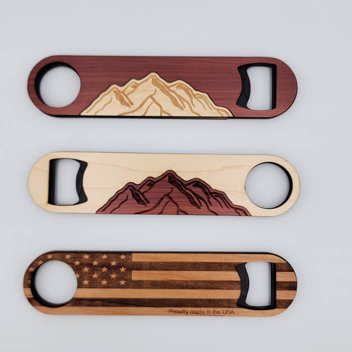 12-Piece Artisan Mountain & Flag Wooden Bottle Opener Pack for wholesale by Chromani