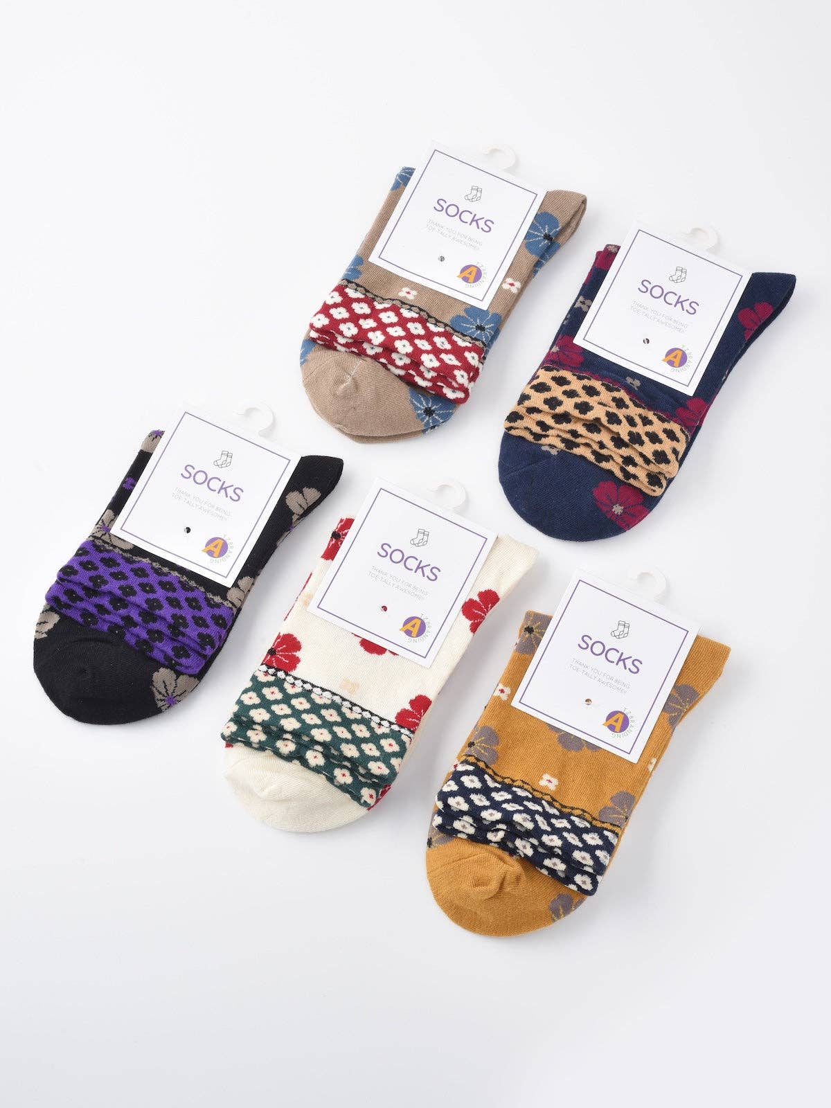 Funkyrel® Atzbranding Limited - Wholesale Socks - Women's - Rufia - Colorful Floral Pattern Mid-Calf Socks11