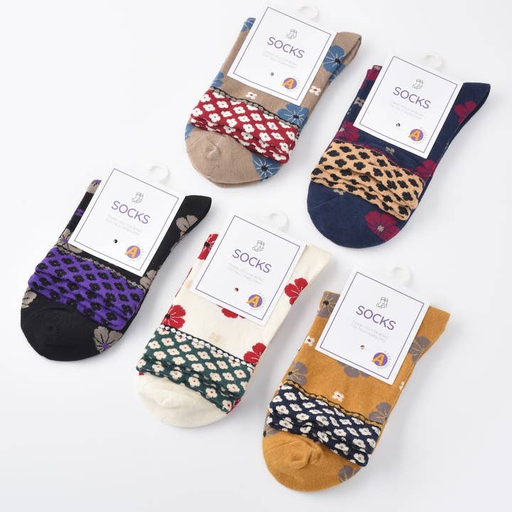Funkyrel® Atzbranding Limited - Wholesale Socks - Women's - Rufia - Colorful Floral Pattern Mid-Calf Socks11