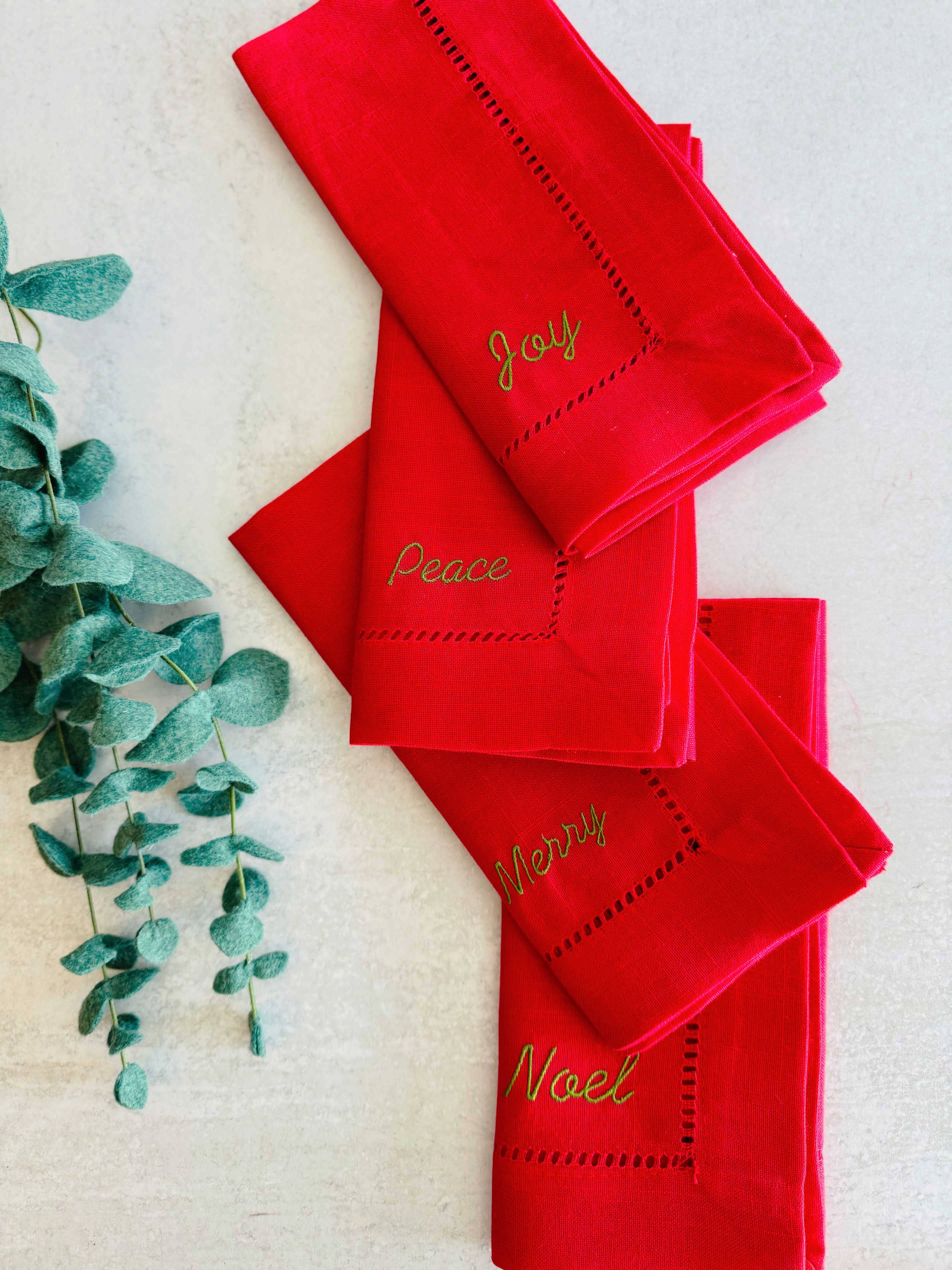 Dot and Army - Wholesale Dinner & Cloth Napkin - Holiday Words Hemstitch Cloth Napkins, set of four3