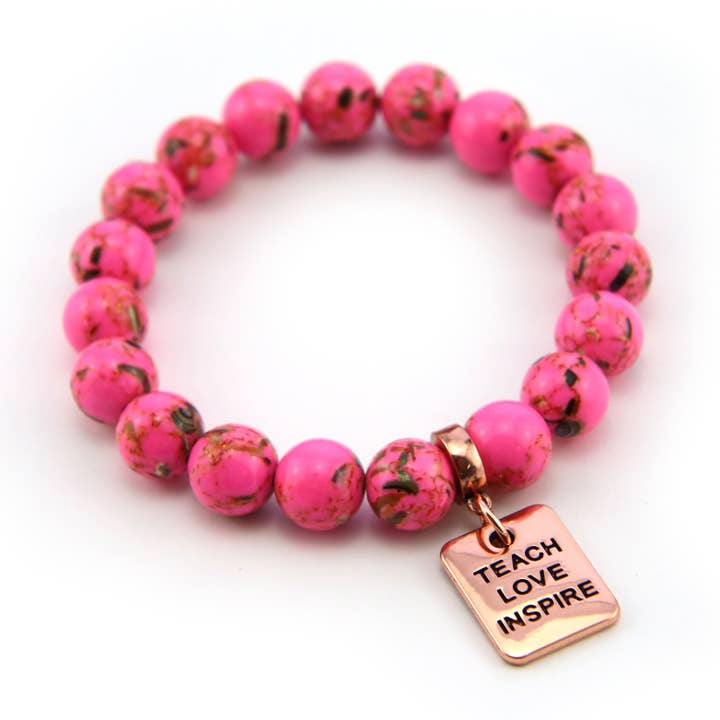 PINK COLLECTION - Hot Pink Synthesis 10mm Bead Bracelet - Rose Gold Word Charms for wholesale by Sister & Soul